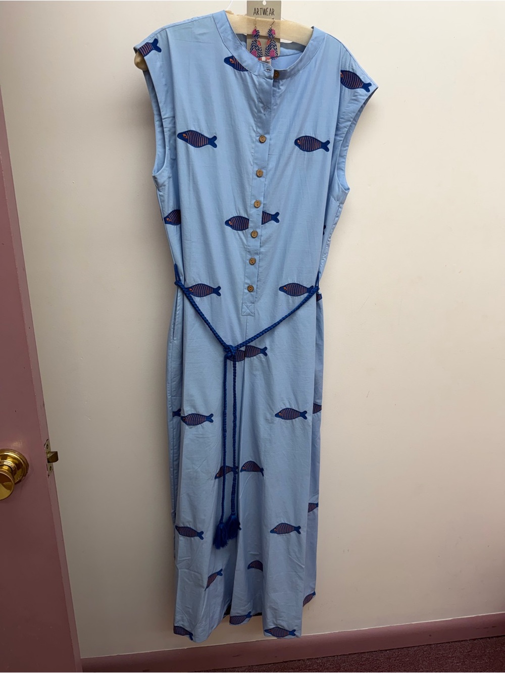 ivy jane Light Blue Sleeveless Fish-Print Cropped Jumpsuit with Navy Rope Belt